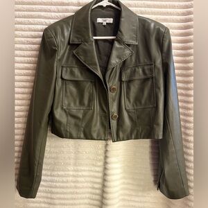 Saunders Olive Green Faux Leather Cropped Jacket Button Pockets